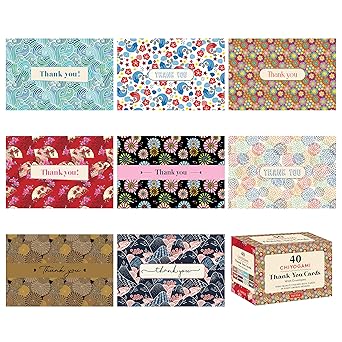 Chiyogami, 40 Thank You Cards with Envelopes (4 1/2 x 3 inch blank cards in 8 unique designs)