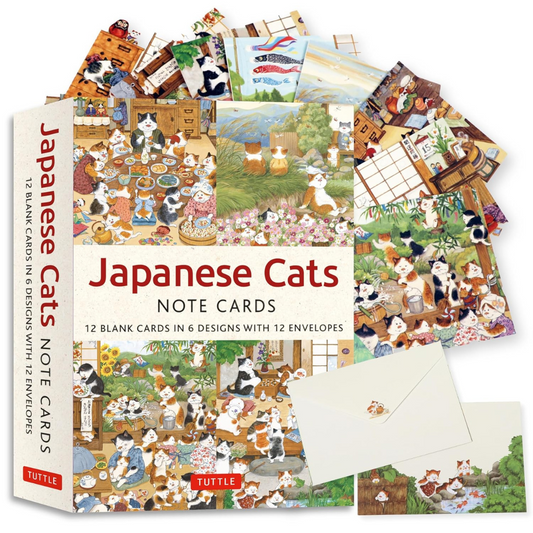 Japanese Cats - 12 Blank Note Cards In 6 Original Illustrations by Setsu Broderick with 12 Envelopes in a Keepsake Box