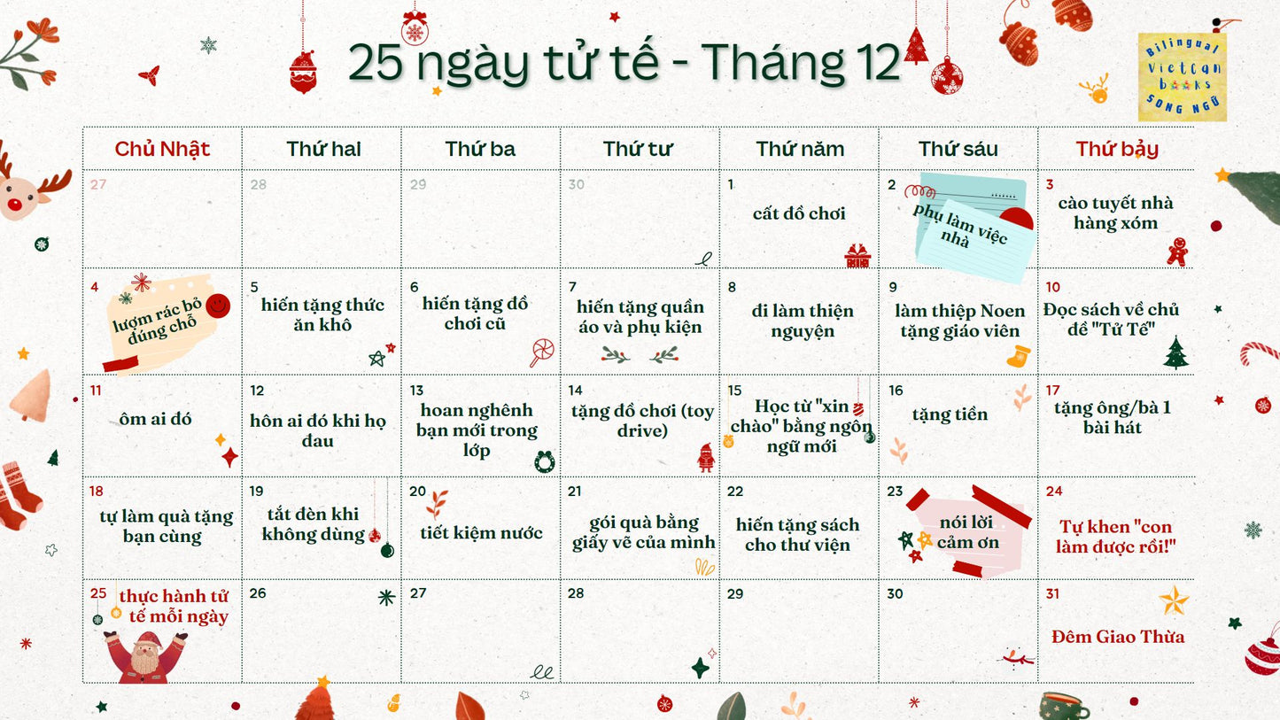 25 days of kindness advent calendar (Vietnamese) | 25 ngày tử tế